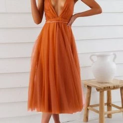 Levency Plunging Neck Backless Mesh Midi Dress New In