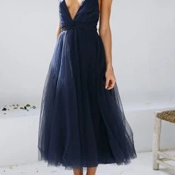 Levency Plunging Neck Backless Mesh Midi Dress New In