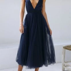 Levency Plunging Neck Backless Mesh Midi Dress New In