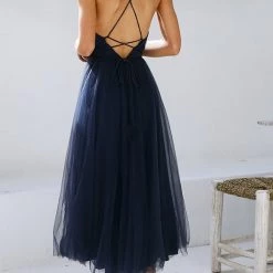 Levency Plunging Neck Backless Mesh Midi Dress New In