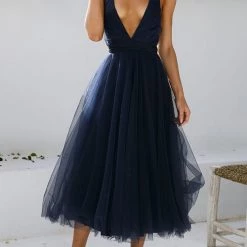 Levency Plunging Neck Backless Mesh Midi Dress New In