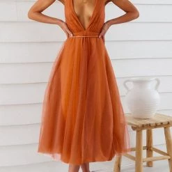 Levency Plunging Neck Backless Mesh Midi Dress New In