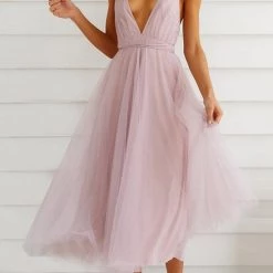 Levency Plunging Neck Backless Mesh Midi Dress New In