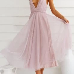 Levency Plunging Neck Backless Mesh Midi Dress New In