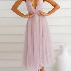 Levency Plunging Neck Backless Mesh Midi Dress New In