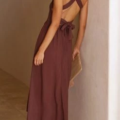 Levency Elastic Shirred Bodice Cross Back Pocket Dress