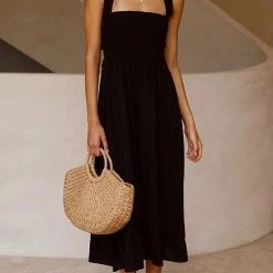 Levency Elastic Shirred Bodice Cross Back Pocket Dress