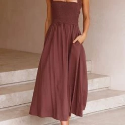 Levency Elastic Shirred Bodice Cross Back Pocket Dress