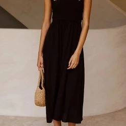 Levency Elastic Shirred Bodice Cross Back Pocket Dress