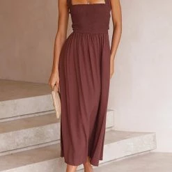 Levency Elastic Shirred Bodice Cross Back Pocket Dress