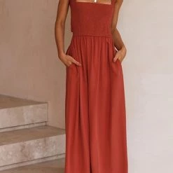 Levency Elastic Shirred Bodice Cross Back Pocket Dress