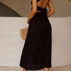 Levency Elastic Shirred Bodice Cross Back Pocket Dress