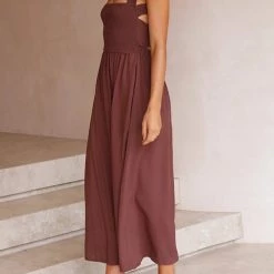 Levency Elastic Shirred Bodice Cross Back Pocket Dress