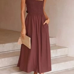 Levency Elastic Shirred Bodice Cross Back Pocket Dress