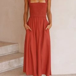 Levency Elastic Shirred Bodice Cross Back Pocket Dress