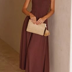 Levency Elastic Shirred Bodice Cross Back Pocket Dress