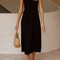 Levency Elastic Shirred Bodice Cross Back Pocket Dress