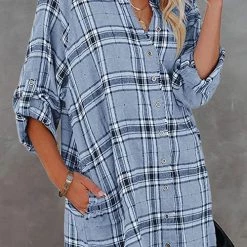 Levency Plaid Pockets Button Up Shirt Dress