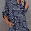 Levency Plaid Pockets Button Up Shirt Dress