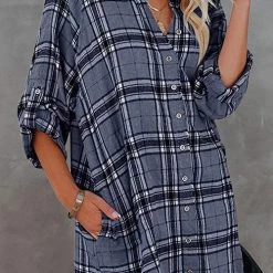 Levency Plaid Pockets Button Up Shirt Dress