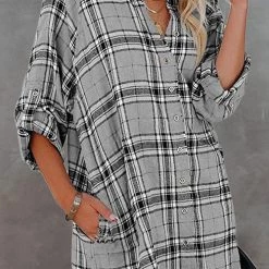Levency Plaid Pockets Button Up Shirt Dress