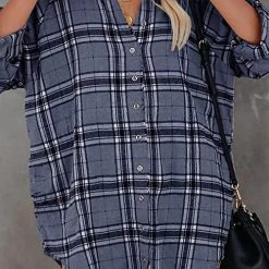 Levency Plaid Pockets Button Up Shirt Dress
