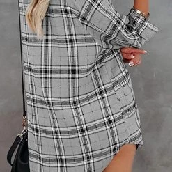 Levency Plaid Pockets Button Up Shirt Dress