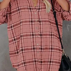 Levency Plaid Pockets Button Up Shirt Dress