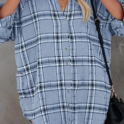 Levency Plaid Pockets Button Up Shirt Dress