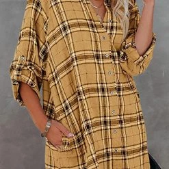 Levency Plaid Pockets Button Up Shirt Dress