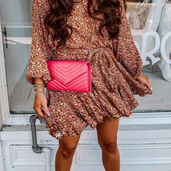 Levency New In Floral Long Sleeve Belted Mini Dress