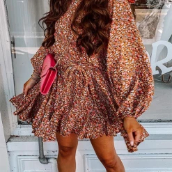 Levency New In Floral Long Sleeve Belted Mini Dress