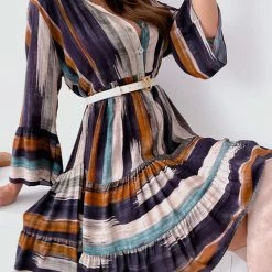 Levency Tie Dye Stripe Button Long Sleeve Dress