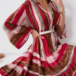 Levency Tie Dye Stripe Button Long Sleeve Dress