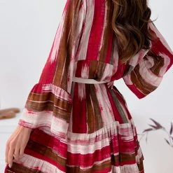 Levency Tie Dye Stripe Button Long Sleeve Dress