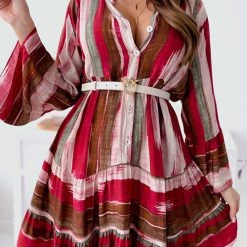 Levency Tie Dye Stripe Button Long Sleeve Dress