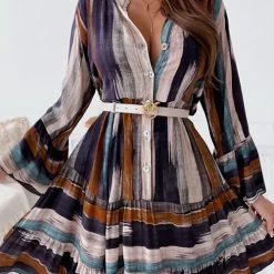Levency Tie Dye Stripe Button Long Sleeve Dress