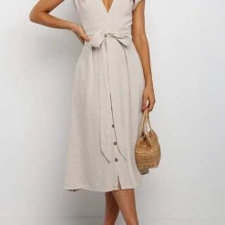 Levency New In Button V Neck Tie Waist Midi Dress