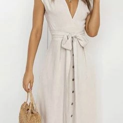 Levency New In Button V Neck Tie Waist Midi Dress