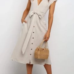Levency New In Button V Neck Tie Waist Midi Dress