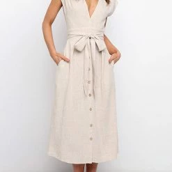 Levency New In Button V Neck Tie Waist Midi Dress