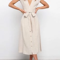 Levency New In Button V Neck Tie Waist Midi Dress