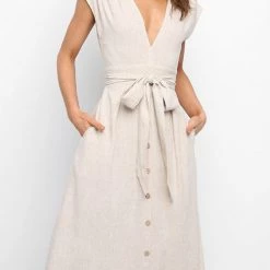 Levency New In Button V Neck Tie Waist Midi Dress