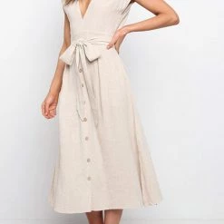 Levency New In Button V Neck Tie Waist Midi Dress