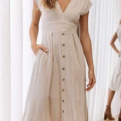 Levency New In Button V Neck Tie Waist Midi Dress