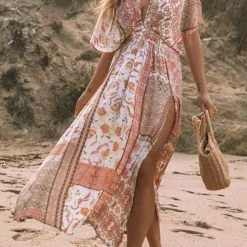 Levency Boho Print Bat Slit Maxi Dress New In