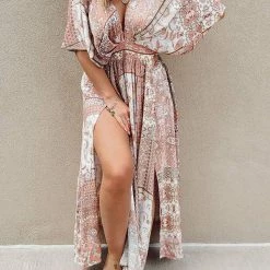 Levency Boho Print Bat Slit Maxi Dress New In