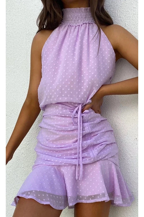 Levency New In Polka Dot Haler Neck Shirred Mini Dress 14 Levency New In Polka Dot Haler Neck Shirred Mini Dress