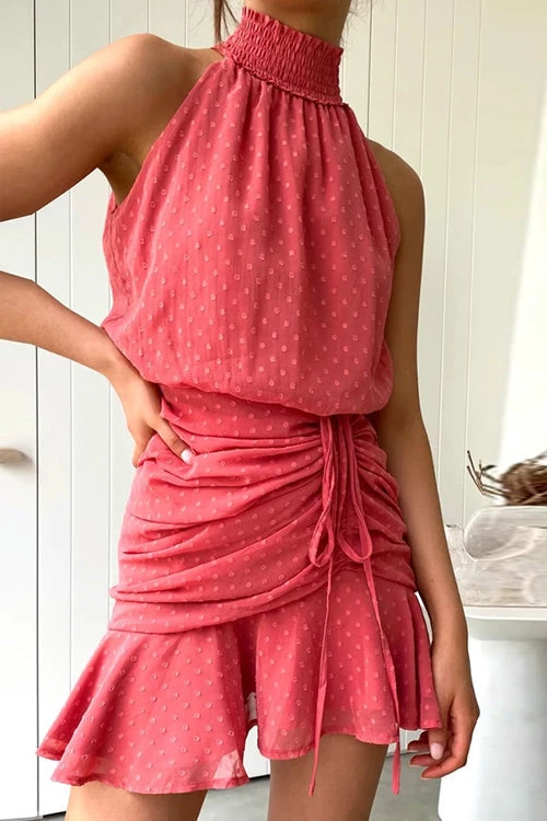 Levency New In Polka Dot Haler Neck Shirred Mini Dress 1 Levency New In Polka Dot Haler Neck Shirred Mini Dress