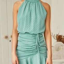 Levency New In Polka Dot Haler Neck Shirred Mini Dress